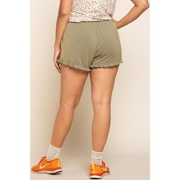 🎀POL Adjustable Drawstring Lightweight Ruffle Trim Detail Olive Shorts | Size L - Picture 2 of 8